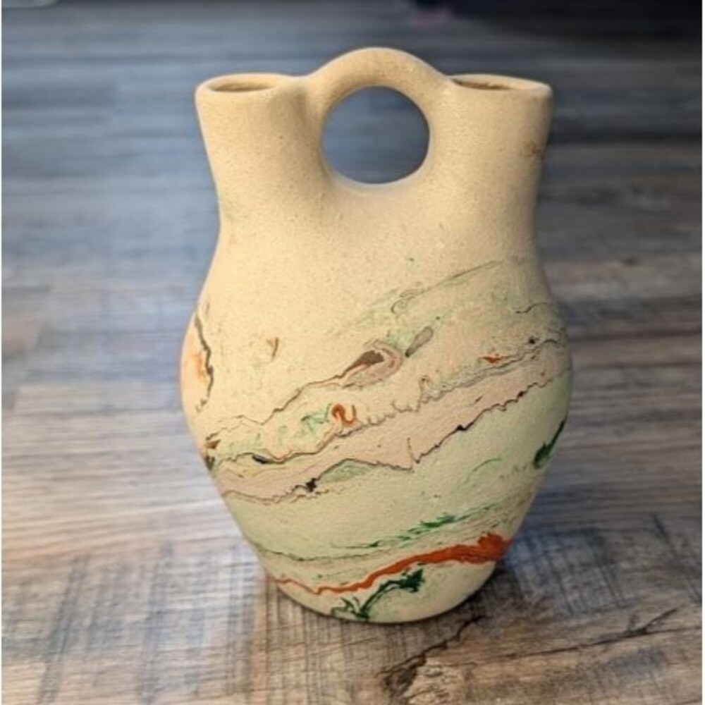 Nemadji Pottery Wedding Vase Double Spout Swirl Pattern Native Clay USA - 6" VTG